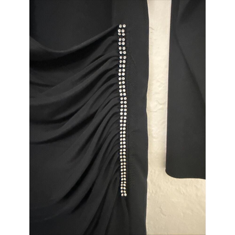 Vtg 80s Neiman Marcus Black Dress Ruched Rhinestones Long Sleeve Shoulder Pads - Picture 3 of 9